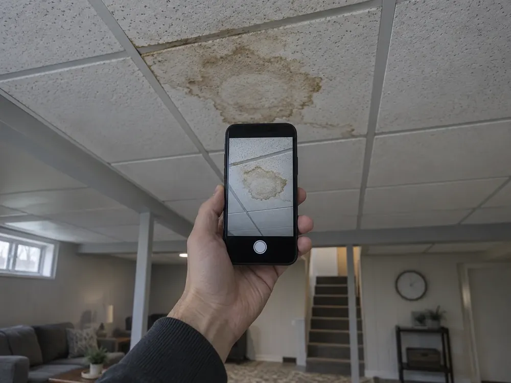 Illustration of a hand holding a phone to photograph a water-stained ceiling