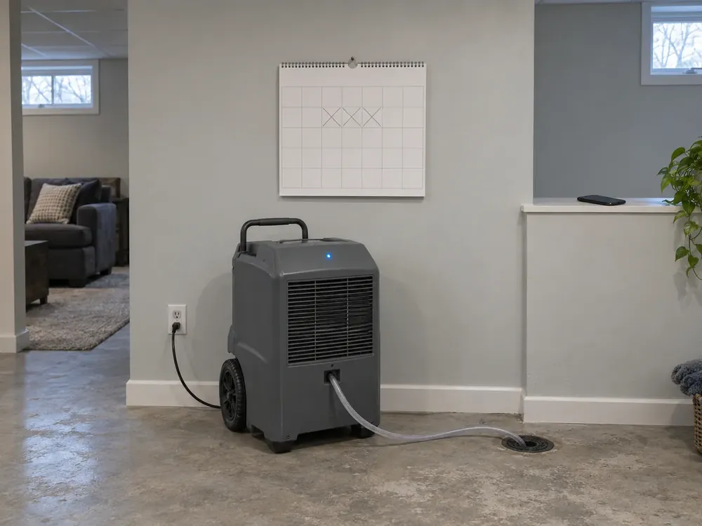 Illustration of a running dehumidifier beside a wall calendar with three days crossed off.