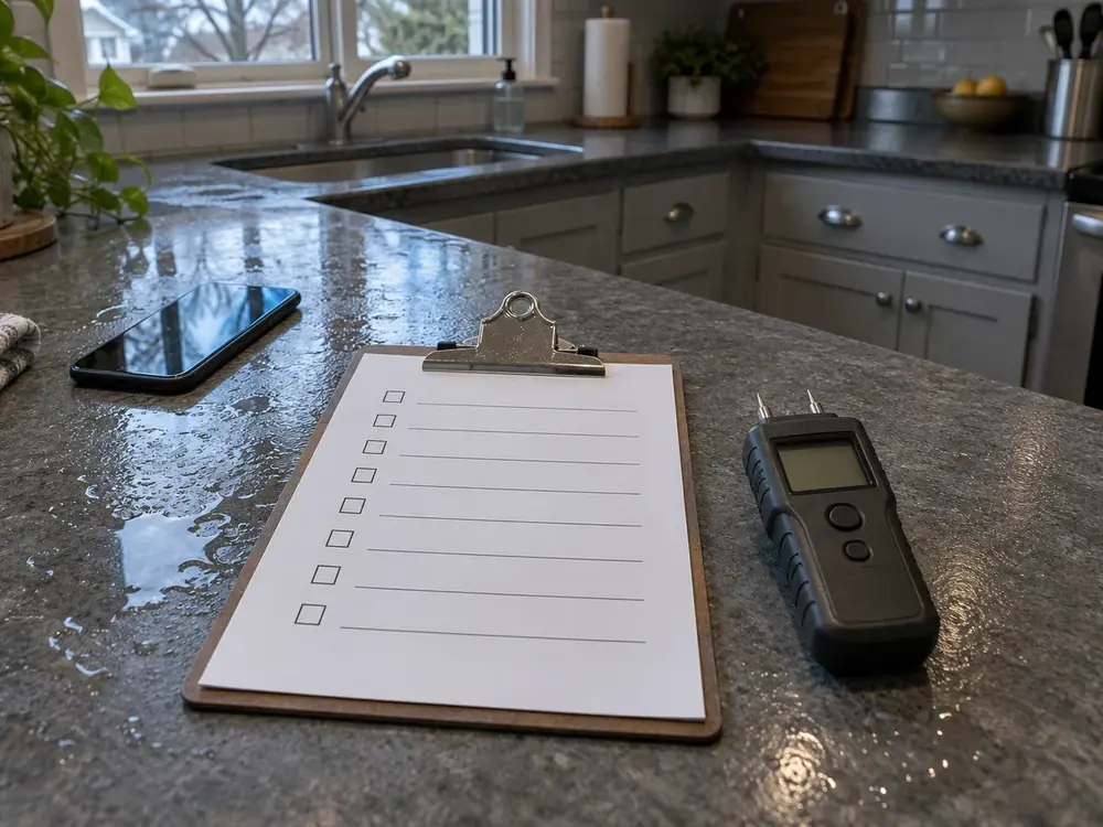 Illustration of a blank inspection checklist and moisture meter on a damp kitchen counter