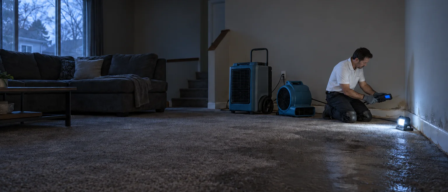Technician kneeling at a wet baseboard with a moisture meter beside a running air mover and dehumidifier