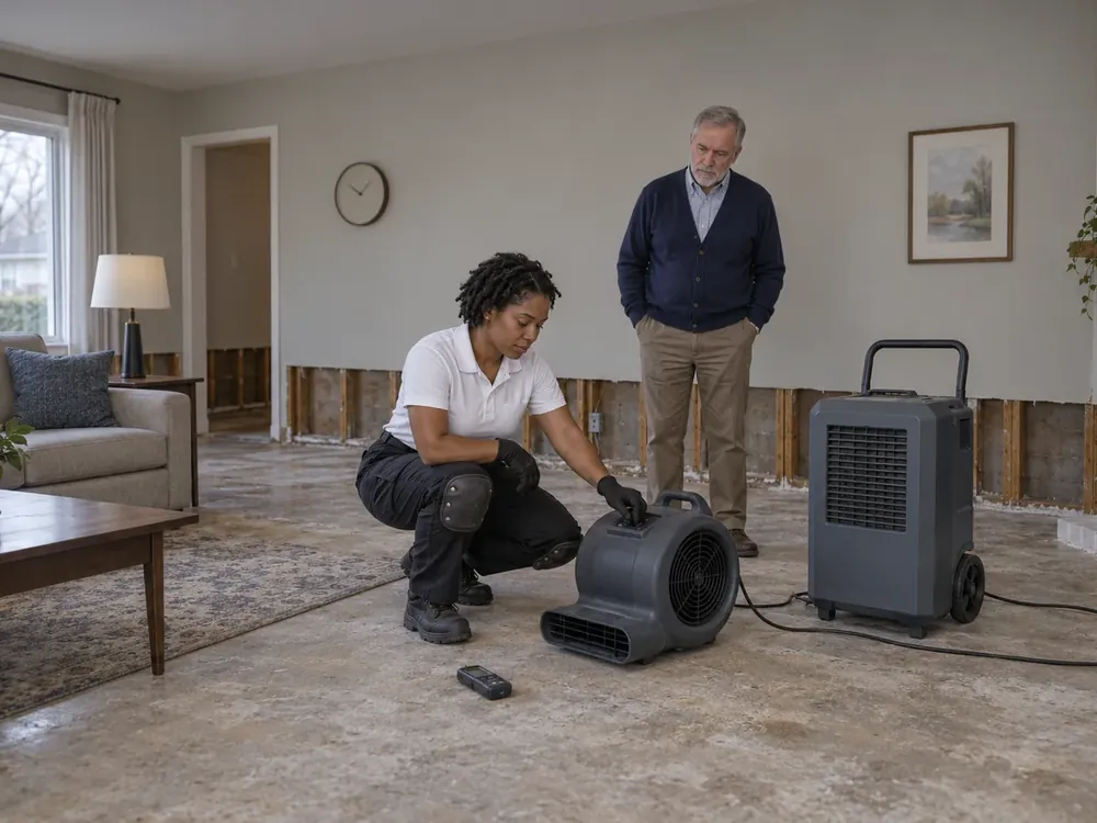 Technician setting an air mover beside a dehumidifier in a living room while a homeowner watches